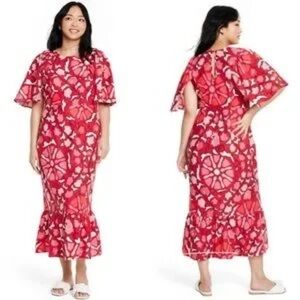 Rhode x Target Midi Red Floral Linen Blend Bell Sleeve Dress  size 18